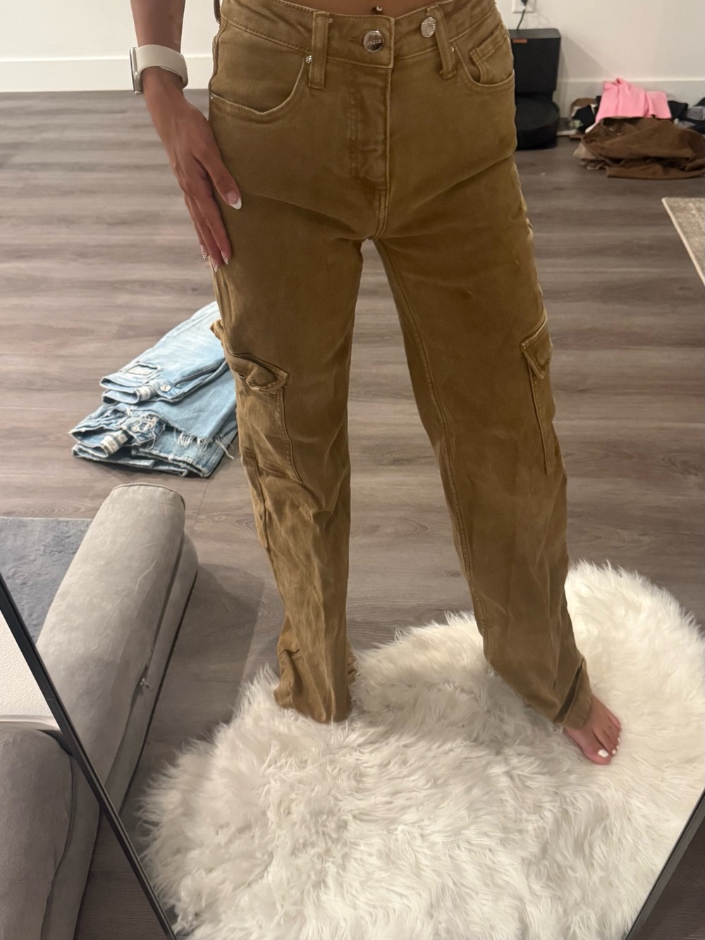 High-Rise Cargo Pants in Mustard Brown